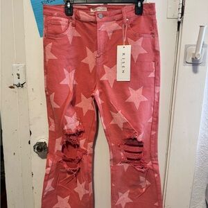 Risen jeans coral star print distress crop